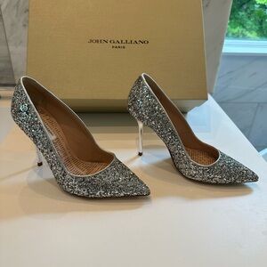 John Galliano Silver Metallic Glitter Stilettos